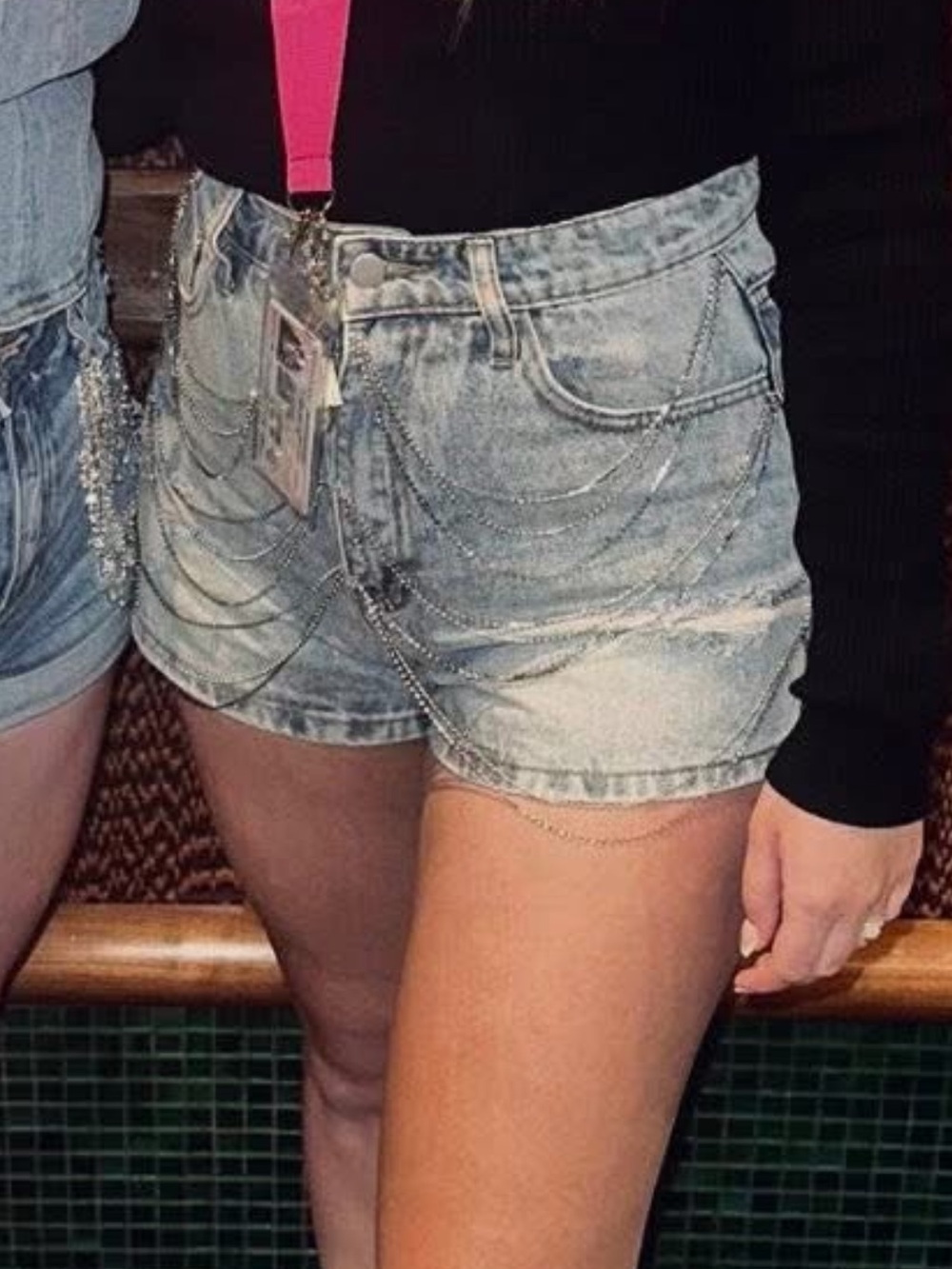 Pink Lily Light Wash Denim Jean Shorts with Chain Detail